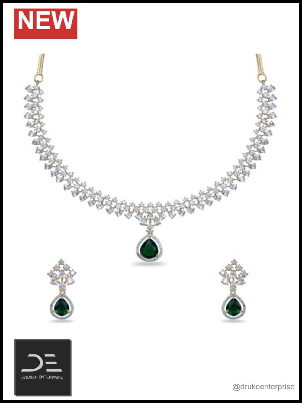 Brass Gold Plated CZ Jewelry Set with Pear Pendant for Women
